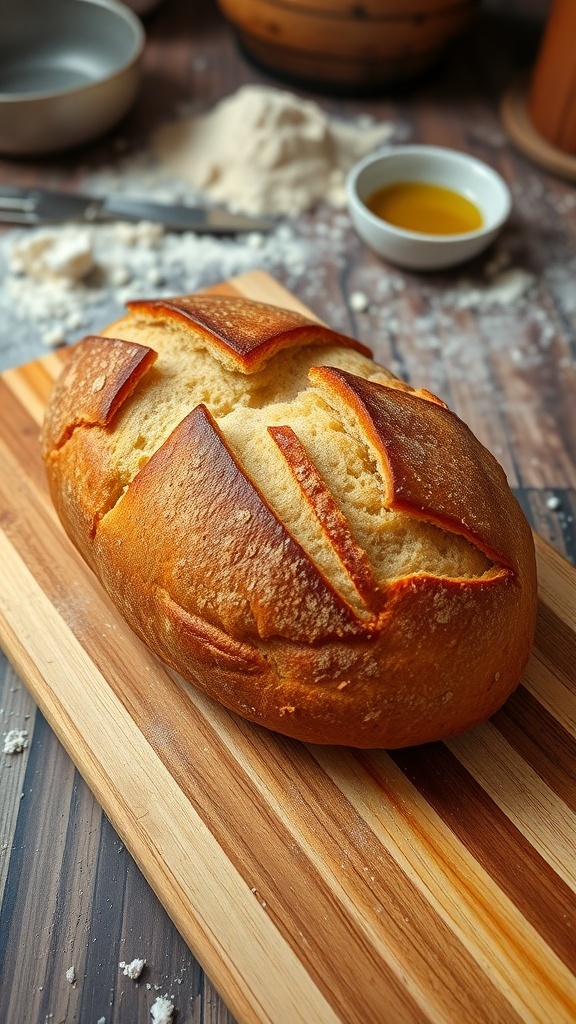 A golden brown loaf of homemade bread on a wooden board, with slices cut to show the soft interior.